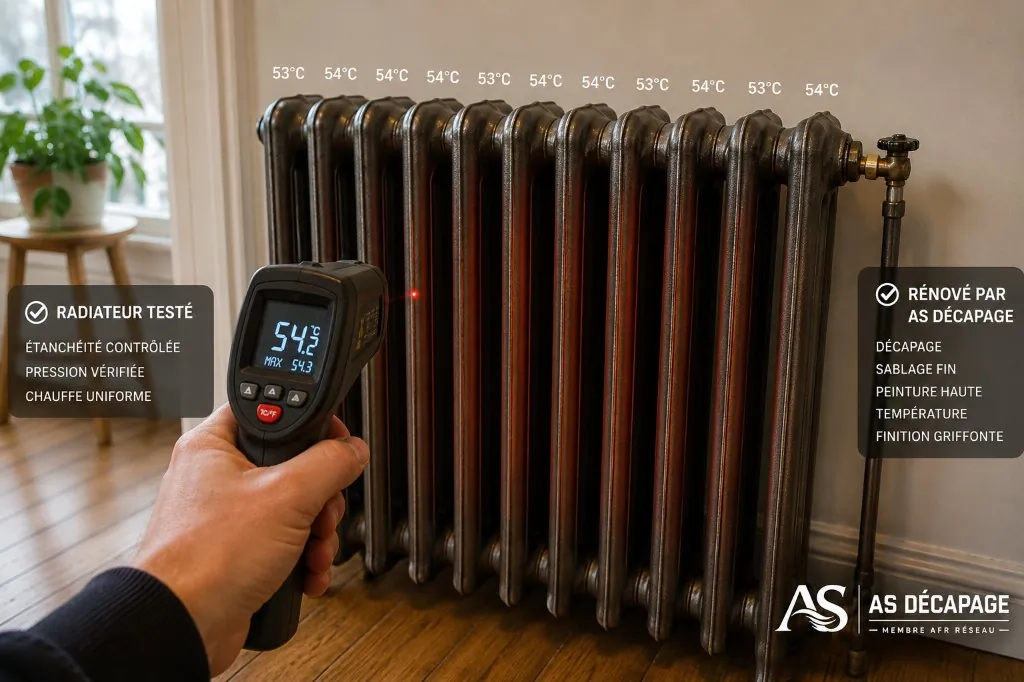 Contrôle de chauffe uniforme au pyromètre sur un radiateur en fonte rénové par AS Décapage